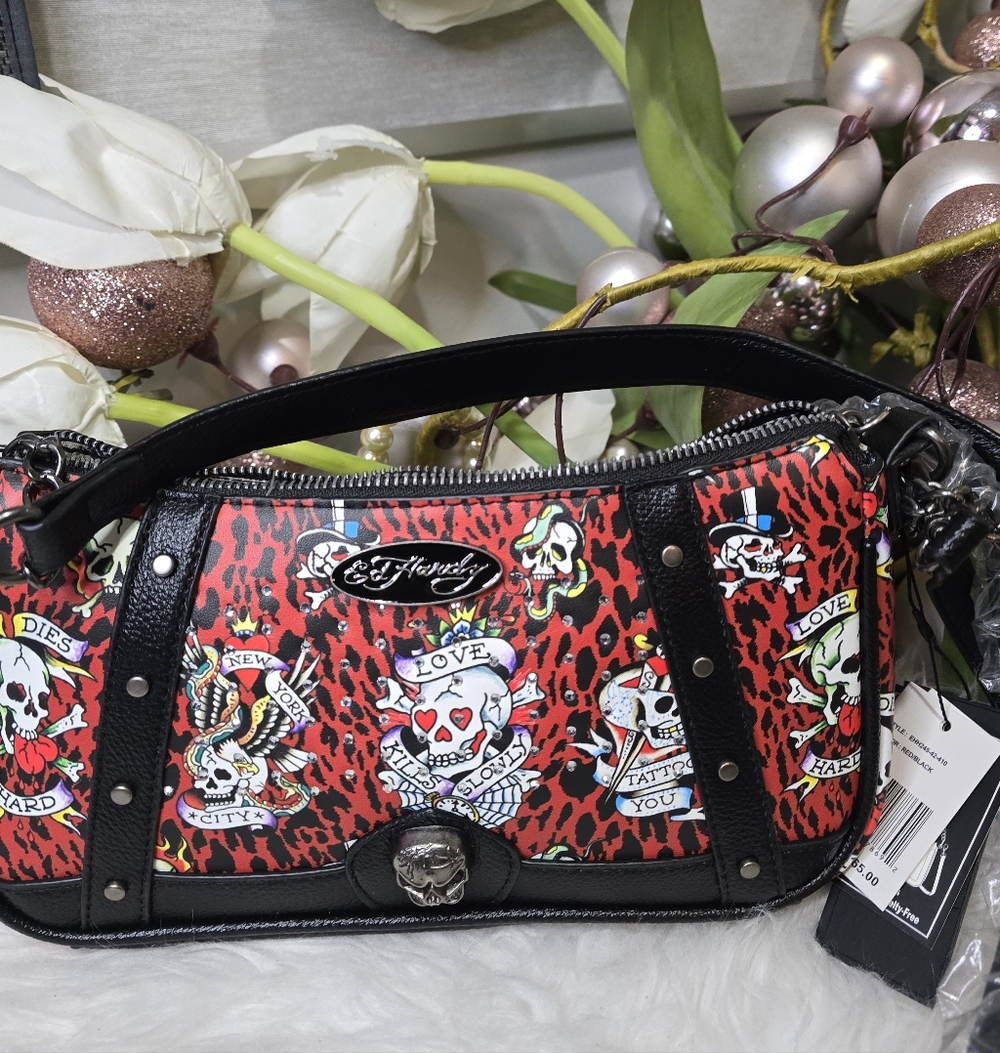 Ed Hardy red cheetah print shoulder purse with crossbody strap New